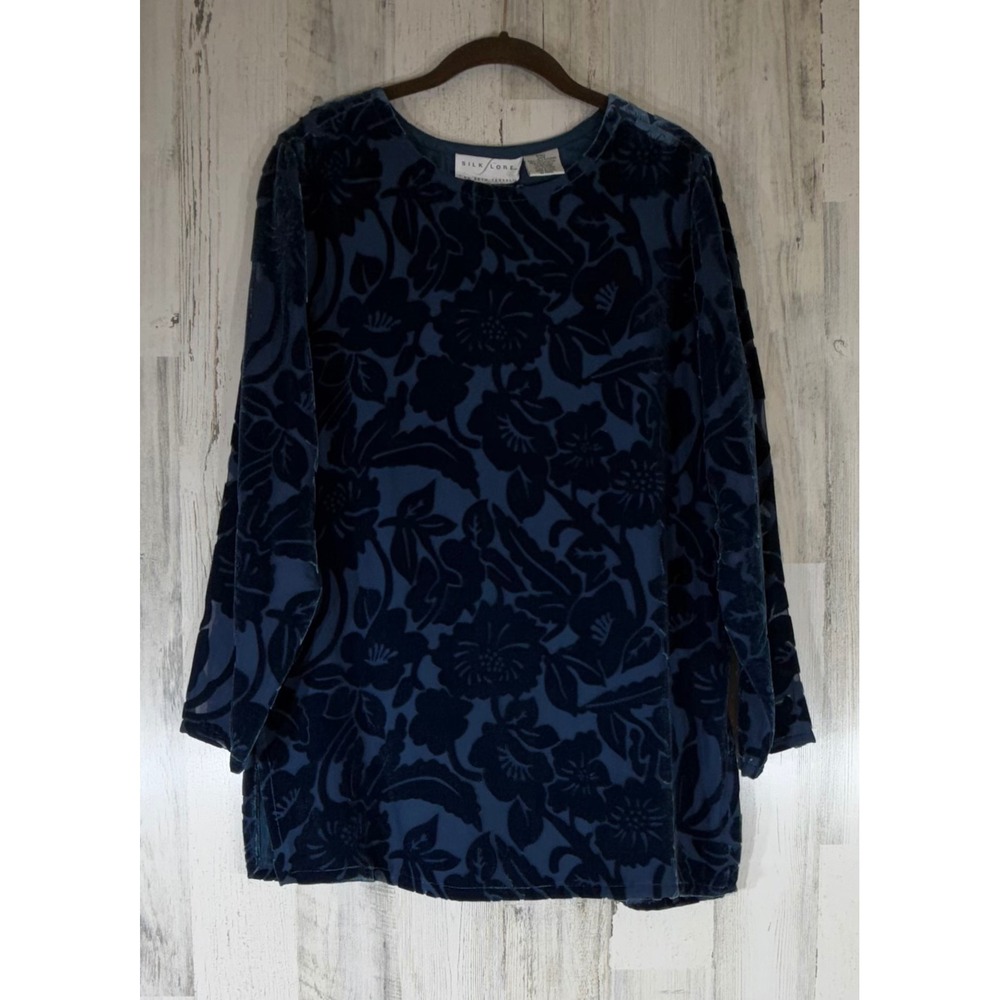 Silk Lore Tunic Small Navy Blue Floral Burnout Velvet Silk Blend Long Sleeve